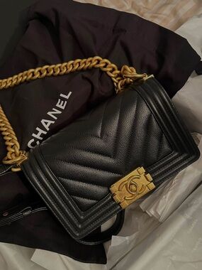 CHANEL Black Quilted Boy Flap Bag with Gold Hardware